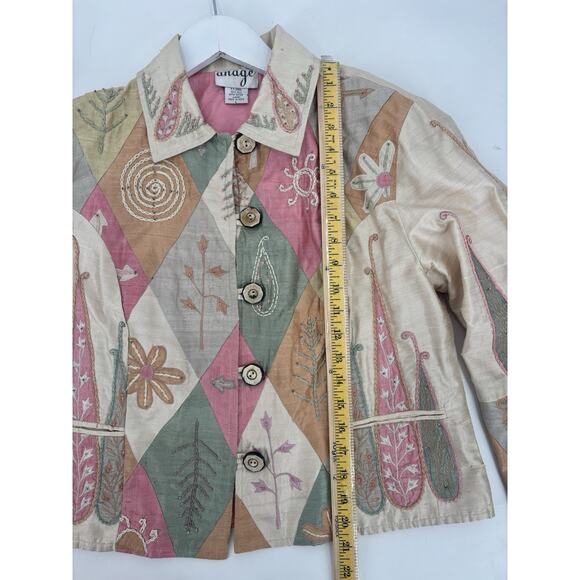Anage Vintage Jacket Womens Large Beige Pink Green 100% Silk Embroidered Nature - Picture 15 of 16